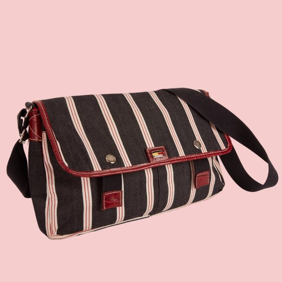 🍋3 for $20🍋 TOMMY HILFIGER Striped Red and Navy Canvas Bag - Picture 1 of 13